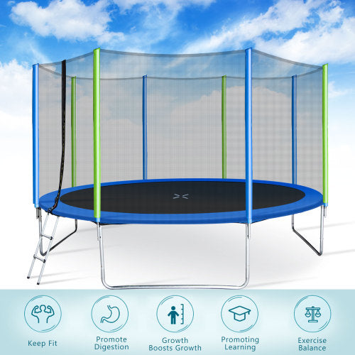 12FT Trampoline for Kids with Safety Enclosure Net, Ladder and 8 Wind Stakes, Round Outdoor Recreational Trampoline